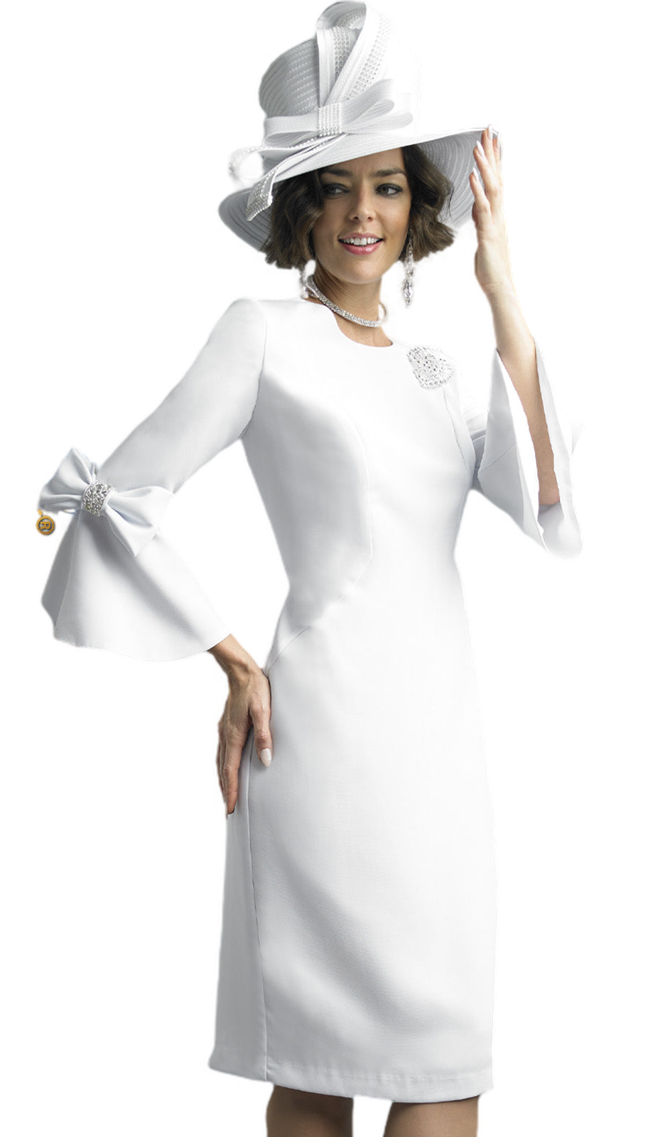 lily and taylor white dresses Lily And Taylor 4154-WHT Ladies Church Dress ( 1pc Peachskin Womans Church Dress With Flared Sleeves Bow Trim And Jeweled Brooch ) Navy / 6