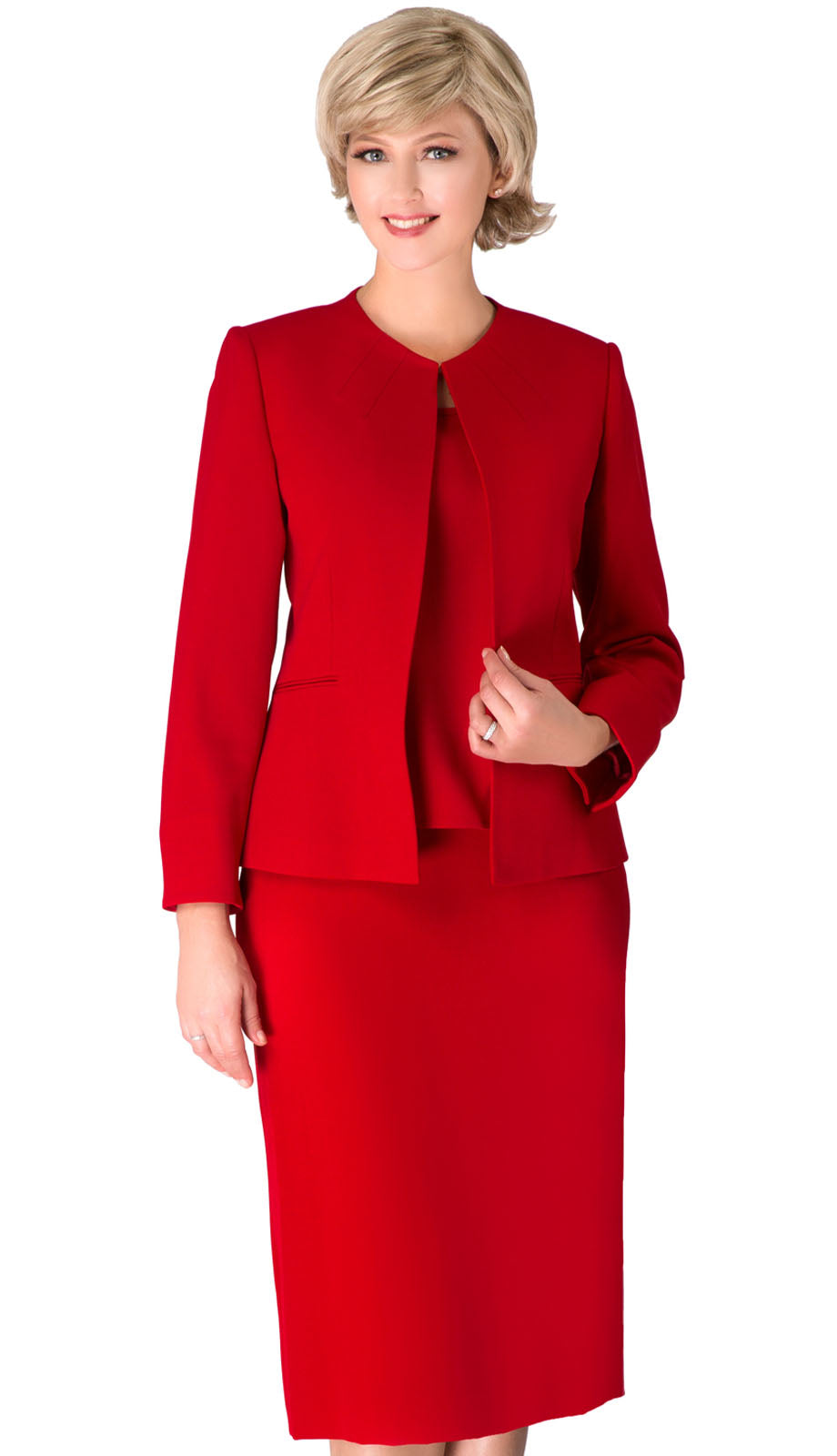 ladies dress suits for church Giovanna S0721-RED 3pc Renova Ladies Suit For Church With Collarless Jacket Red / 14