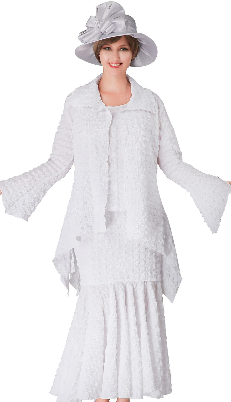 Giovanna 0940-WH ( 3pc Popcorn High Low Womens Jacket, Vest & Skirt Set For Church )