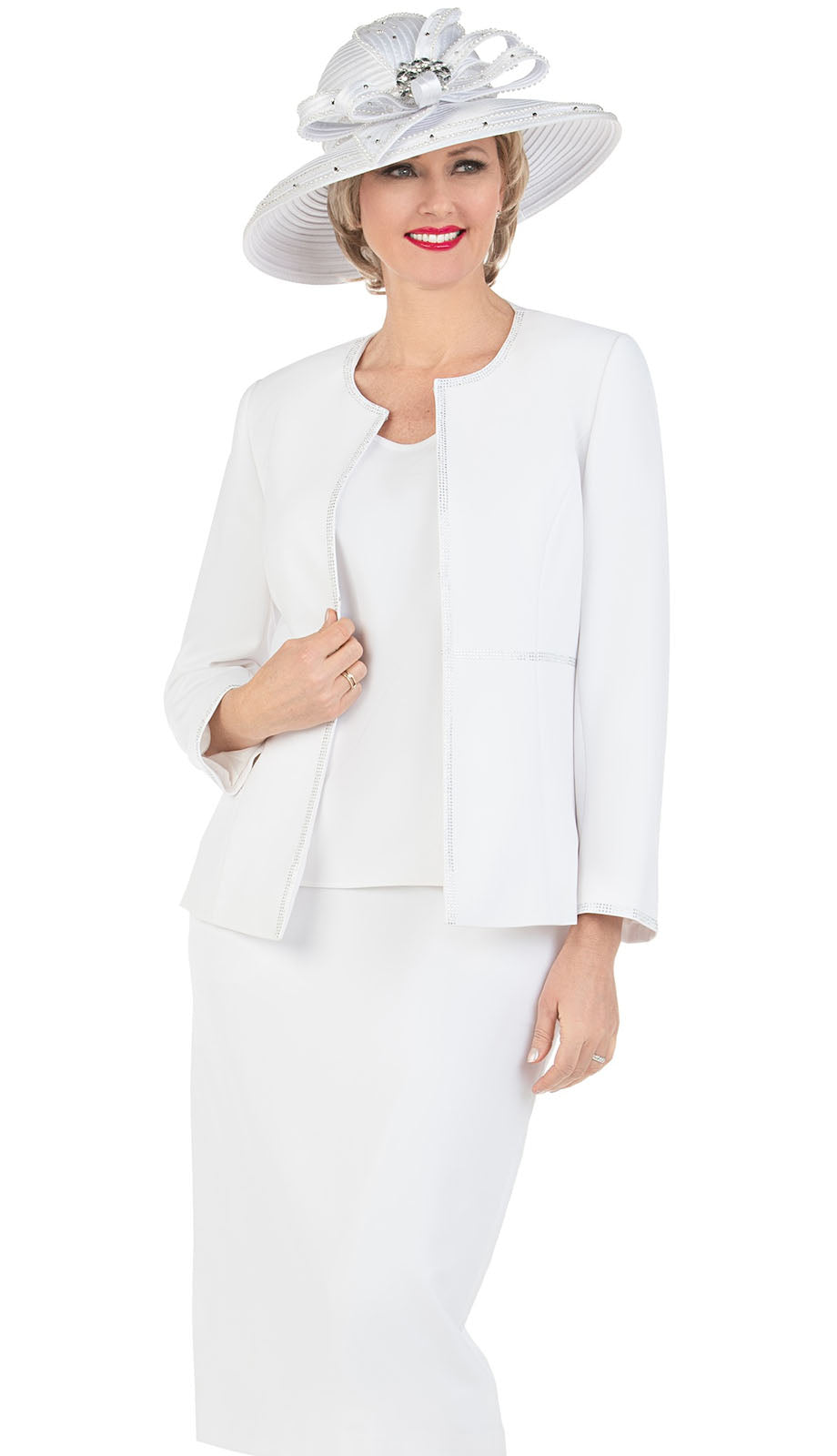 Giovanna 0652-WHT-CO ( 3pc PeachSkin Ladies Suit For Church With Rhinestone Trim On Jacket And Sleeves )