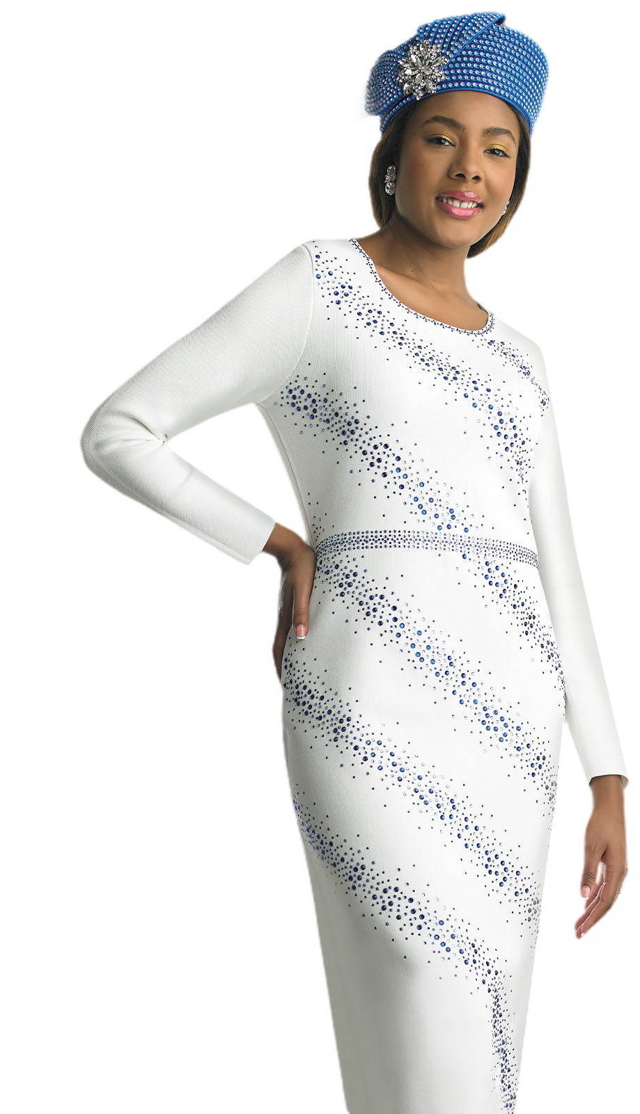 Lily and Taylor 798-IVO Knit Church Dress Ivory with Royal Blue / 4XL (26-28) Lily and Taylor 798-IVO Knit Church Dress Ivory with Royal Blue / 4XL (26-28)