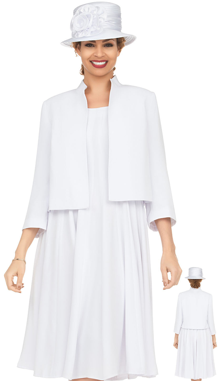 Giovanna D1540-WHT-H ( 2pc Peachskin Pleated Church Dress With Bolero Jacket -Hat