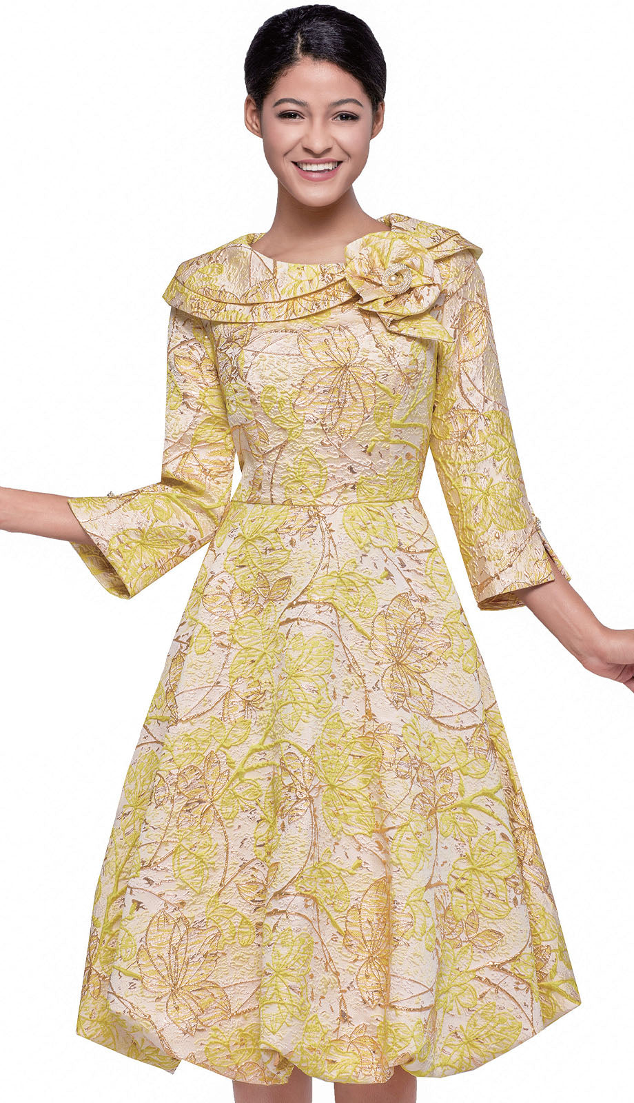 formal dress floral Chic Yellow Floral Long Prom Dresses With Slit Puff Sleeve Evening Dre main image 1