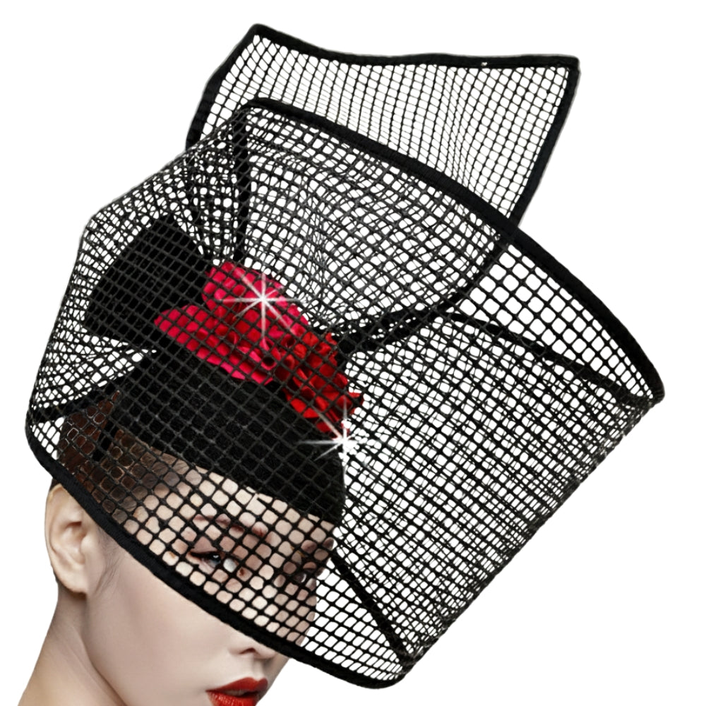 FA3484 BIRDCAGE-BLK-RED Fascinator