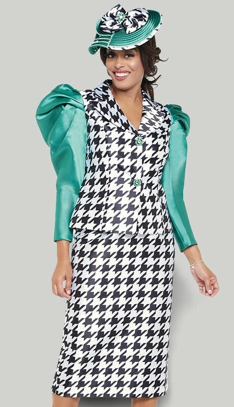 We Ship Fashions GMI 8692-EM ( 2pc Silk Look Womens Church Suit With Beautiful Houndstooth Pattern And Elegant Emerald Sleeves )