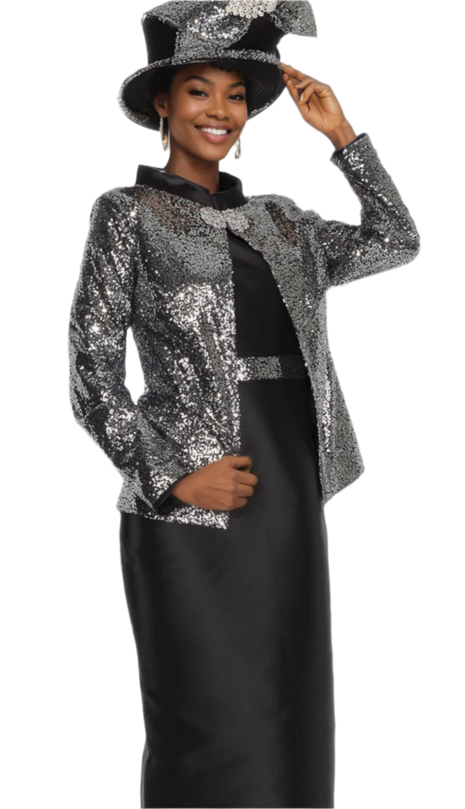 Champagne Italy 5919 Silver Black Satin Twill Shift Dress Sequin Jacket