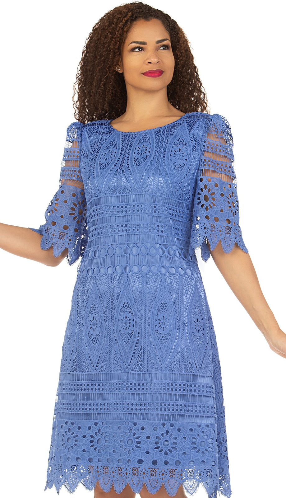 Giovanna D1569-BLU ( 1pc Lace Ladies Church Dress With Embroidered Cutout Short Sleeves )