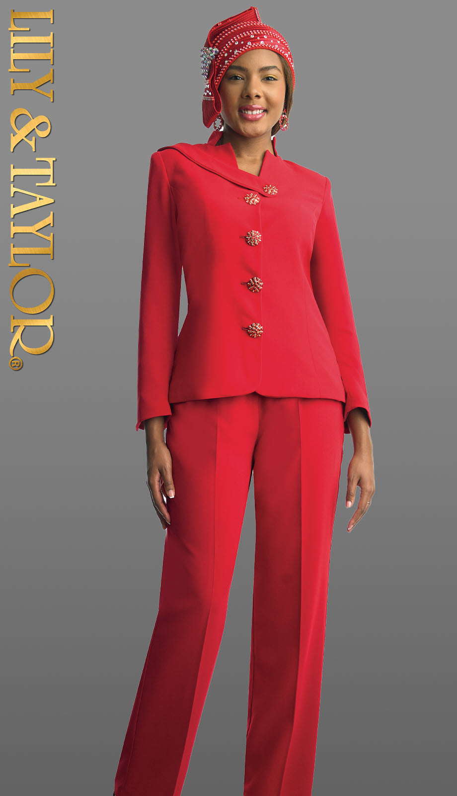 Lily And Taylor 4892-RED Church Pant Suit-Hat