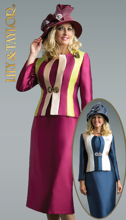 Lily And Taylor 4514-QS ( 3pc Silk Ladies Sunday Suit With Jeweled Rhinestone Clasp And Brooch )