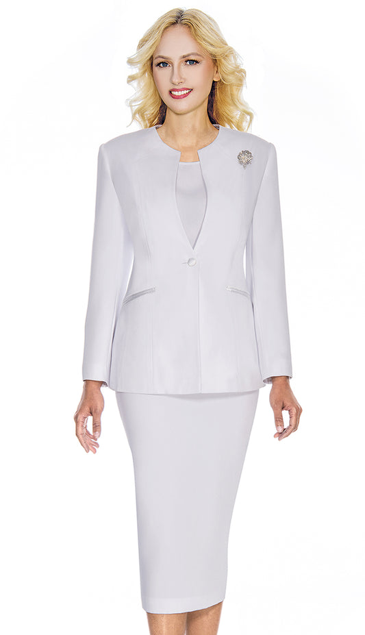 Giovanna 0708-WH-CO ( 3pc Womens PeachSkin Suit With Detachable Brooch And Collarless Jacket )