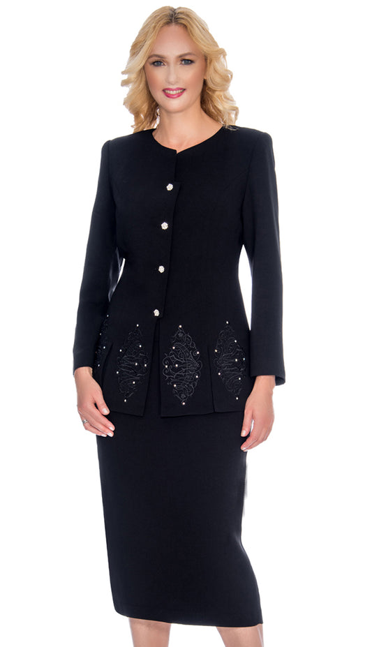 Giovanna 0920-BLK-CO ( 2pc Womens PeachSkin Suit For Sunday With Beautiful Embroidery And Rhinestone Trim On Jacket )