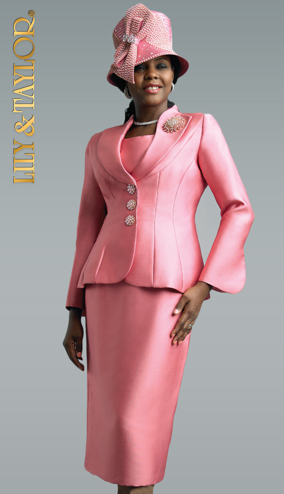 Lily And Taylor 4417-QS ( 3pc Silk Church Suit With Jeweled Buttons And Brooch )
