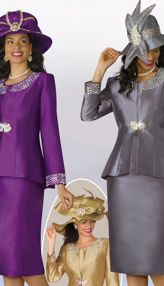 Lily And Taylor 3800-PU-QS 3pc Silk Ladies Sunday Suit With Rhinestone Embellished Trims