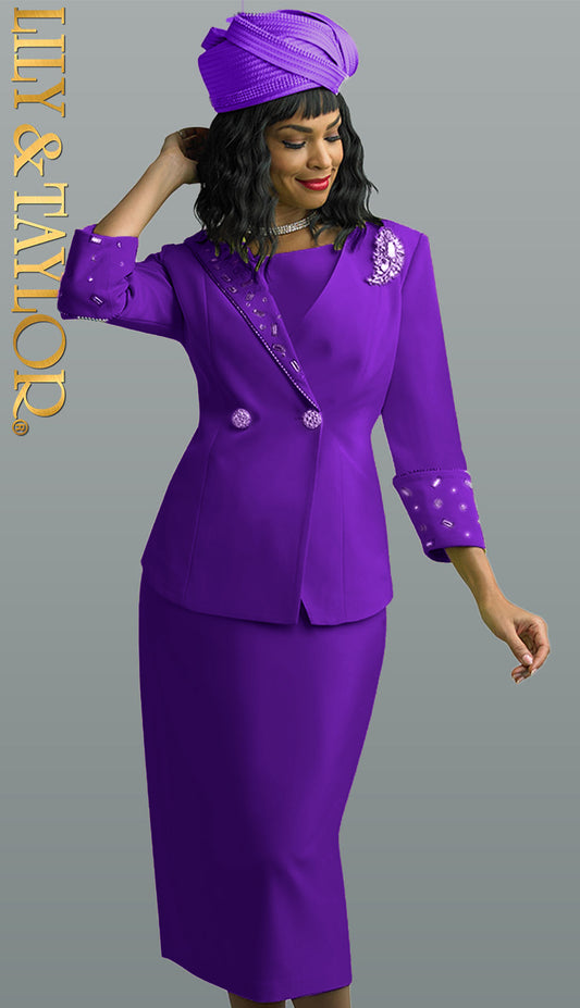 Lily And Taylor 4638-PURI-IH ( 3pc Peachskin Womens Sunday Suit With Confetti Rhinestone Trim )