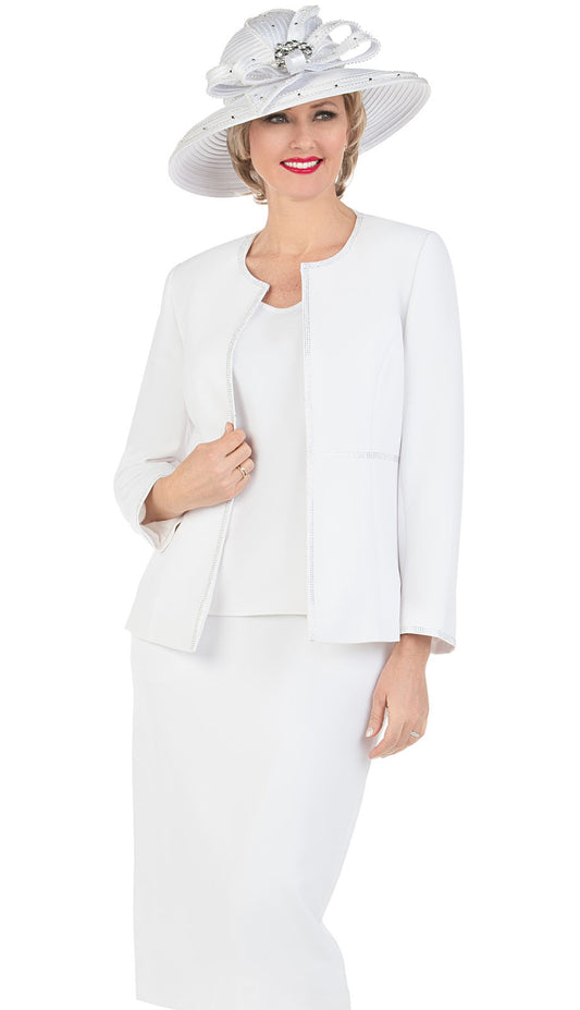 Giovanna 0652-WHT ( 3pc PeachSkin Ladies Suit For Church With Rhinestone Trim On Jacket And Sleeves )