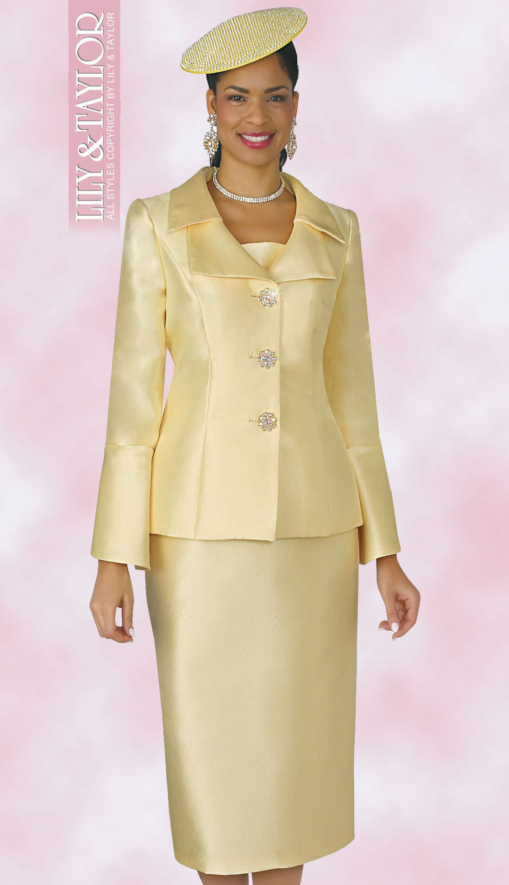 Lily And Taylor 4107-QS ( 2pc Silk Womans Church Suit With Jeweled Button Jacket And Wide Lapels )