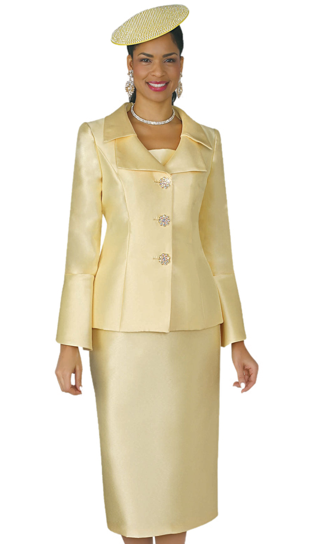 Lily And Taylor 4107-QS ( 2pc Silk Womans Church Suit With Jeweled Button Jacket And Wide Lapels )
