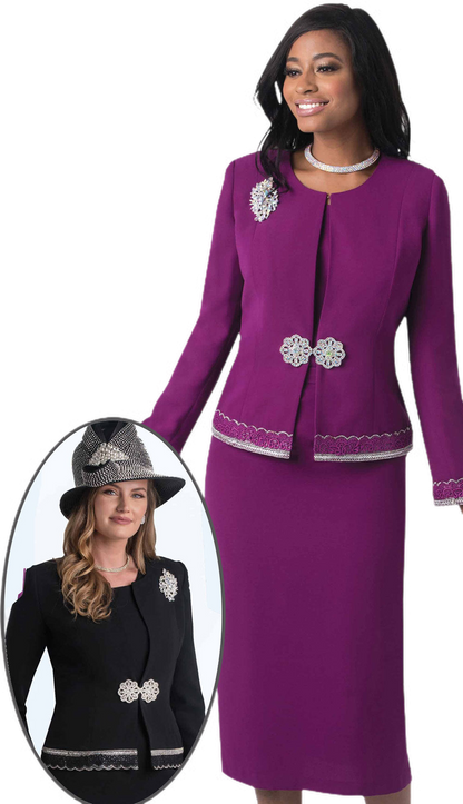 Lily And Taylor 4272-QS ( 3pc PeachSkin Ladies Church Suit With Jacket, Beaded Trim, Jeweled Clasp And Brooch )