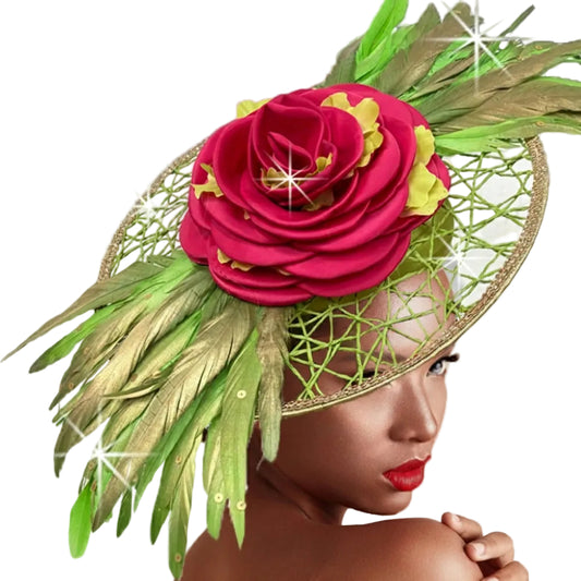 FA3472 Rosewood-Lime Fuchsia Church Fascinator