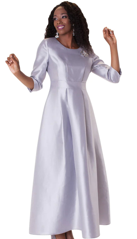 Tally Taylor 4497-SIL-CO ( 1pc Womens Long Church Dress With Rhinestone Brooch, Three Quarter Sleeves And Pleated Waist )