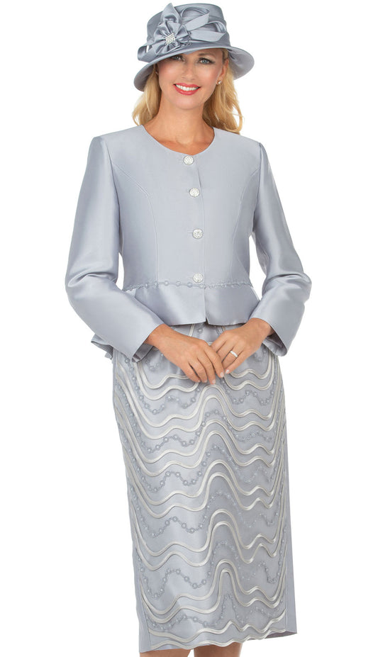 Giovanna G1156-SLV-CO ( 2pc Silk Look Ladies Church Suit With Peplum And Lace Embroidered Skirt )