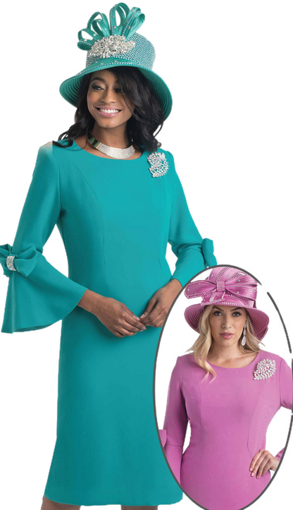 Lily And Taylor 4154-QS ( 1pc Peachskin Womans Church Dress With Flared Sleeves Bow Trim And Jeweled Brooch )