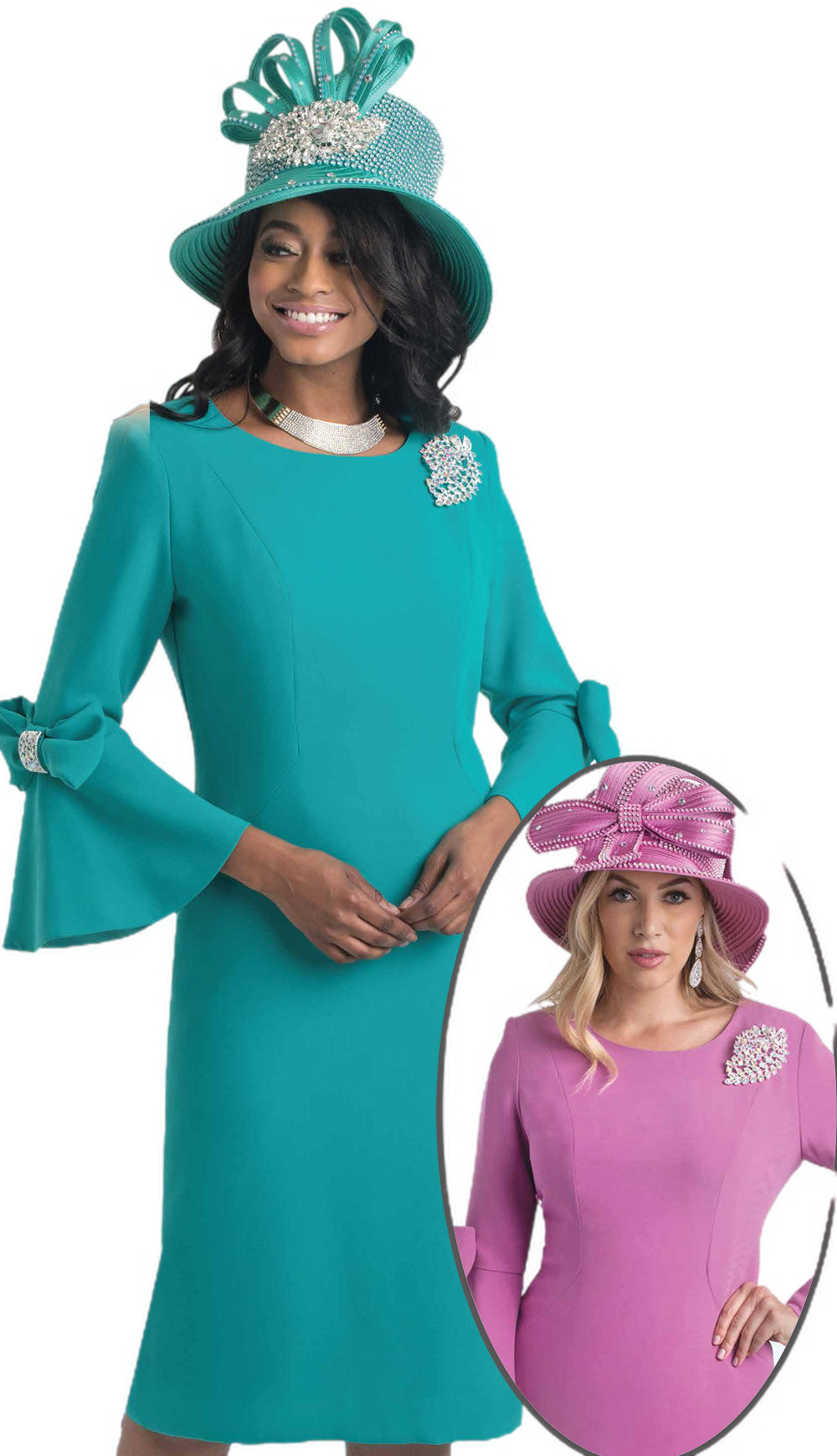 Lily And Taylor 4154-QS ( 1pc Peachskin Womans Church Dress With Flared Sleeves Bow Trim And Jeweled Brooch )