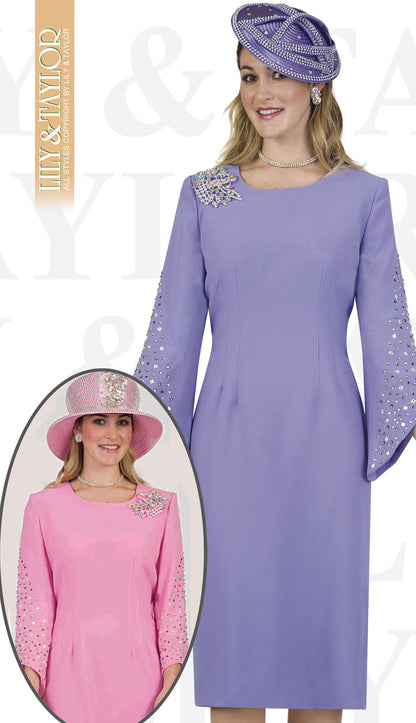 Lily And Taylor 4385-LAV-QS ( 1pc Ladies Crepe Church Dress With Rhinestone Sleeves And Jeweled Brooch )