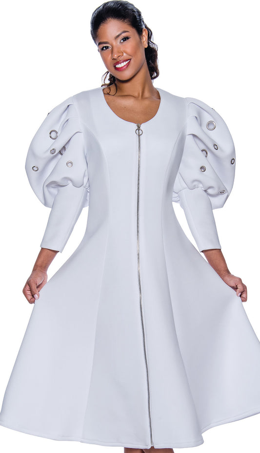 Nubiano 1011-WHT-QS ( 1pc Scuba Knit Look Ladies Church Dress With Zipper, Puff Sleeves, And Grommets )
