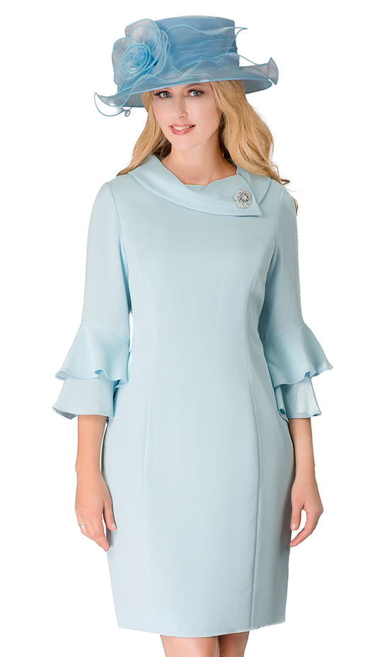 Giovanna D1518-ICE -CO( 1pc PeachSkin Dress With Cowl Neck, 3/4 Ruffle Sleeve And Brooch )