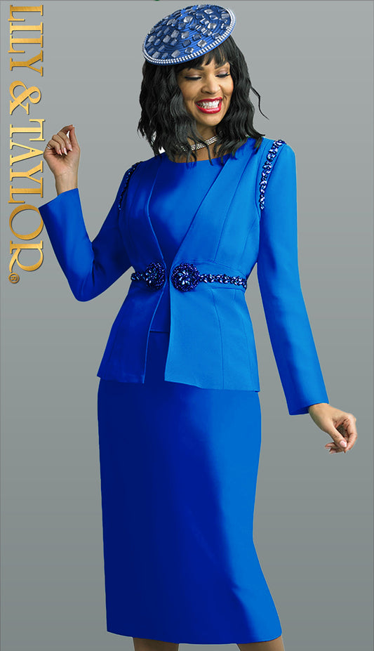 Lily And Taylor 4637-ROY-IH ( 3pc Peachskin Womens Church Suit With Rhinestone Trim )
