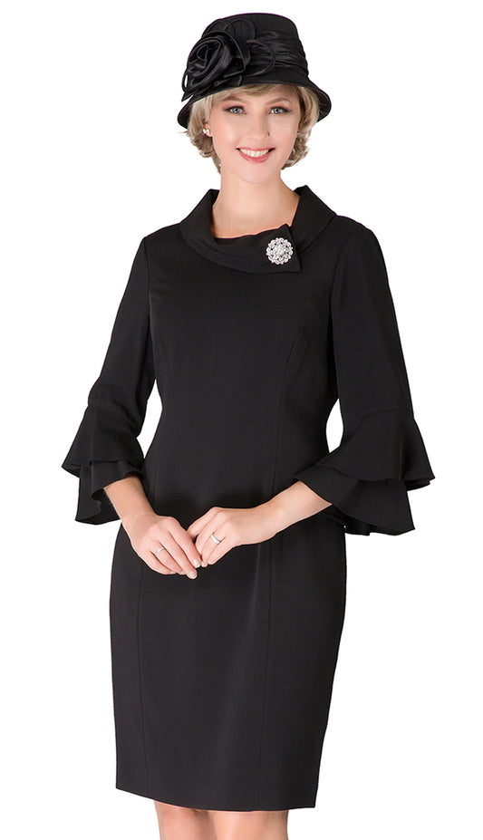 Giovanna D1518-BK ( 1pc PeachSkin Dress With Cowl Neck, 3/4 Ruffle Sleeve And Brooch )