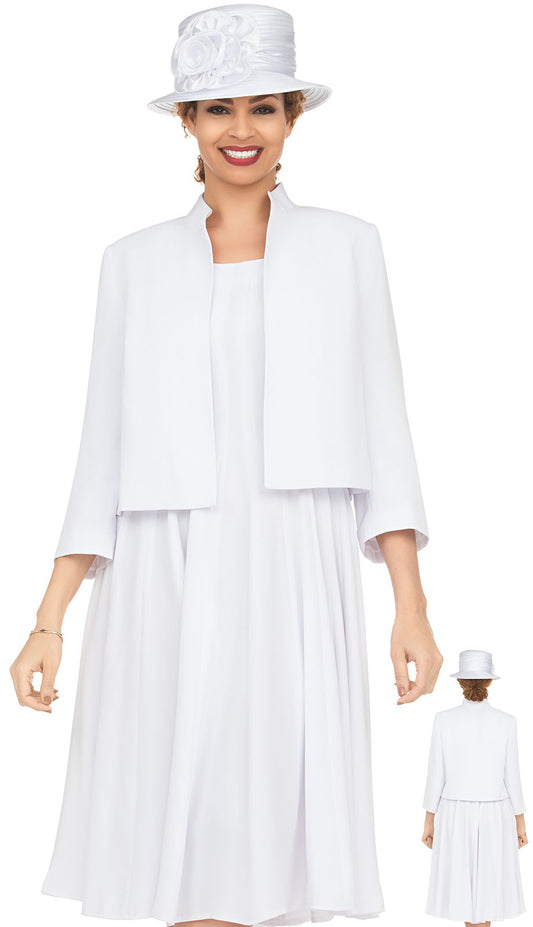 Giovanna D1540-WHT-H ( 2pc Peachskin Pleated Church Dress With Bolero Jacket -Hat