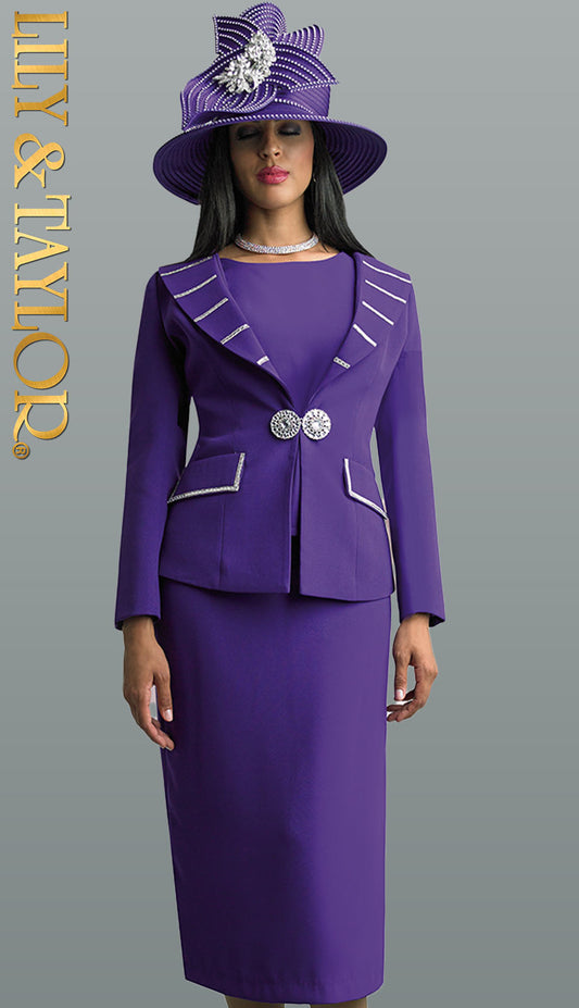 Lily And Taylor 4624-PUR ( 3pc Peachskin Womens Church Suit With Rhinestone Trim )