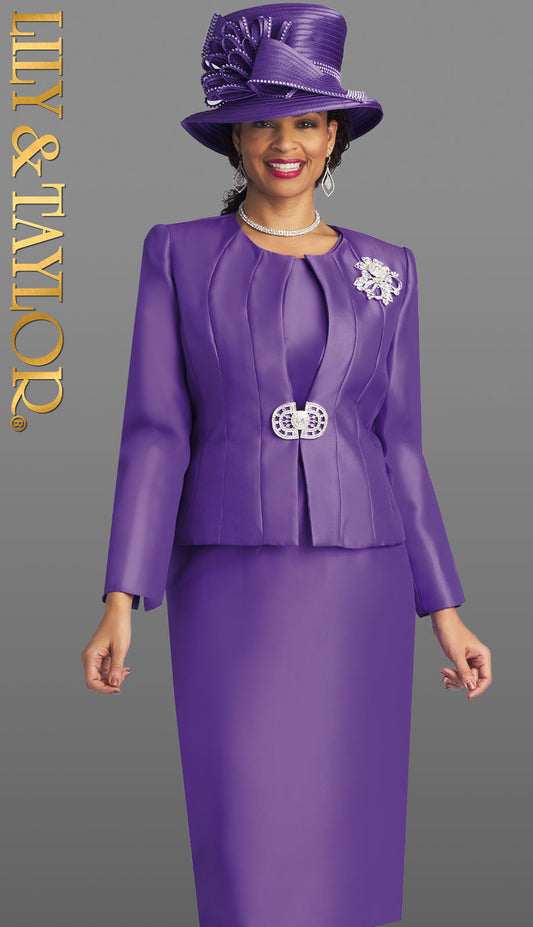 Lily And Taylor 4514-PUR-QS Womans Church Suit ( 3pc Silk Ladies Sunday Suit With Jeweled Rhinestone Clasp And Brooch )