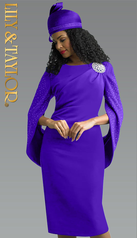 Lily And Taylor 3909-PUR-IH ( 1pc Scuba Knit Ladies Church Dress With Unique And Elegant Queen Sleeves