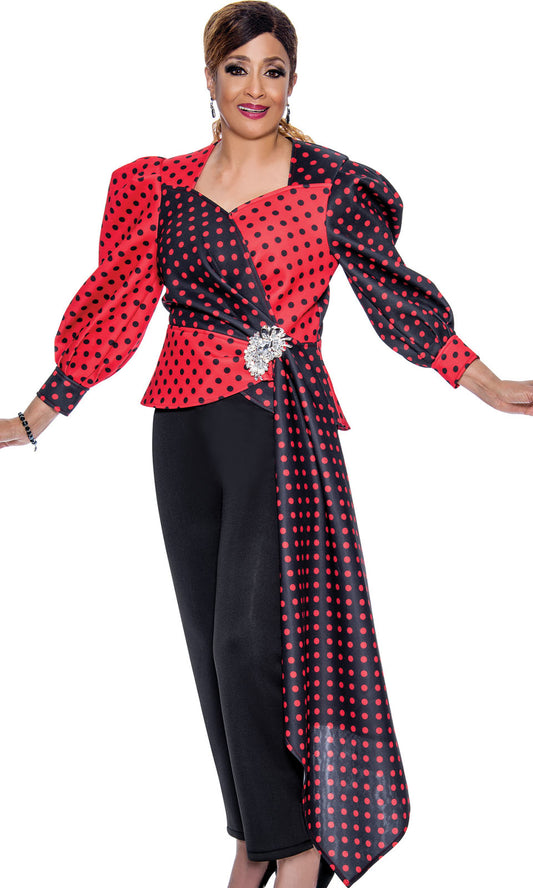 Dorinda Clark Cole 4442-RED-CO ( 2pc Silk Womens Pant Suit With Polka Dot Peplum Top, Cascading Flourish, And Large Jeweled Clasp )