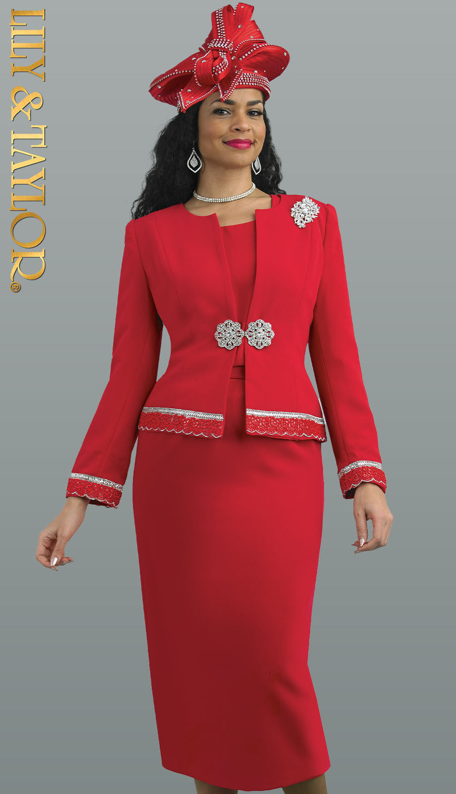 Lily And Taylor 4272-RED Elegant Church Suit-Hat