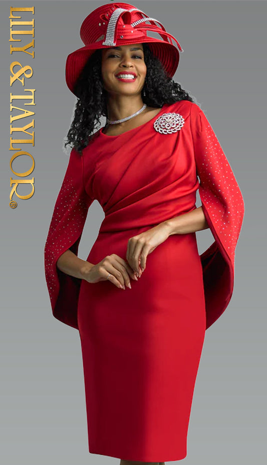 Lily And Taylor 3909-RED-IH ( 1pc Scuba Knit Ladies Church Dress With Unique And Elegant Queen Sleeves And Rhinestones )