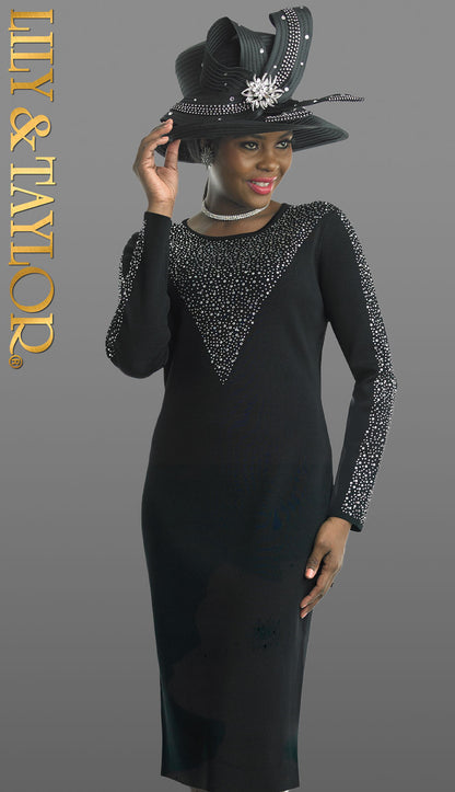 Lily and Taylor 620-BLK Knit Church Dress-Hat