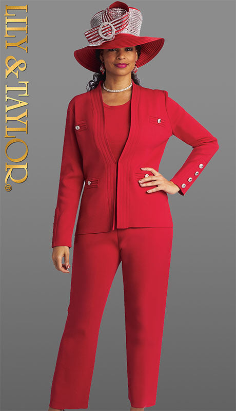 Lily And Taylor 780-RED-H Ladies Church Pant Suit-Hat